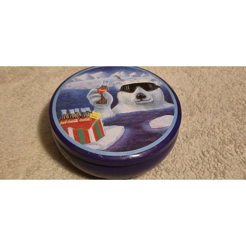 Vintage 1996 Coca-Cola Polar Bear Holiday Round Tin Sunglasses Case Coke